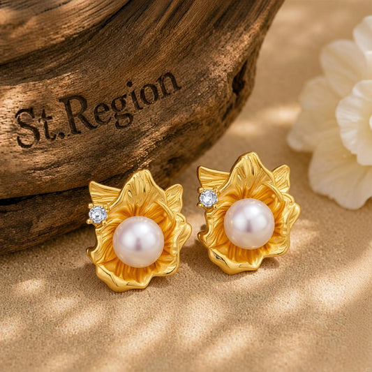 Pearl and Cubic Zirconia 18K Gold-Plated Flower Stud Earrings, cubic zirconia stud earrings for women, front view