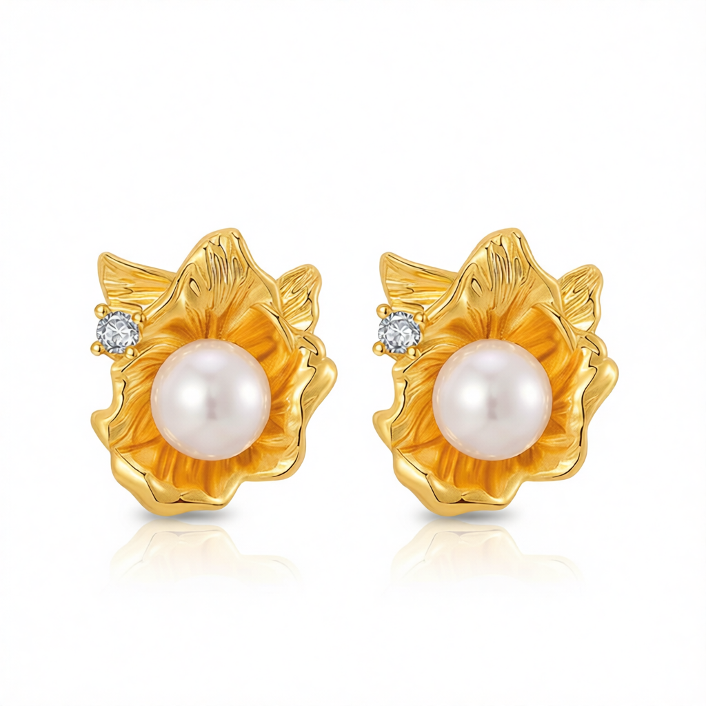 Pearl & Cubic Zirconia 18K Gold-Plated Flower Stud Earrings