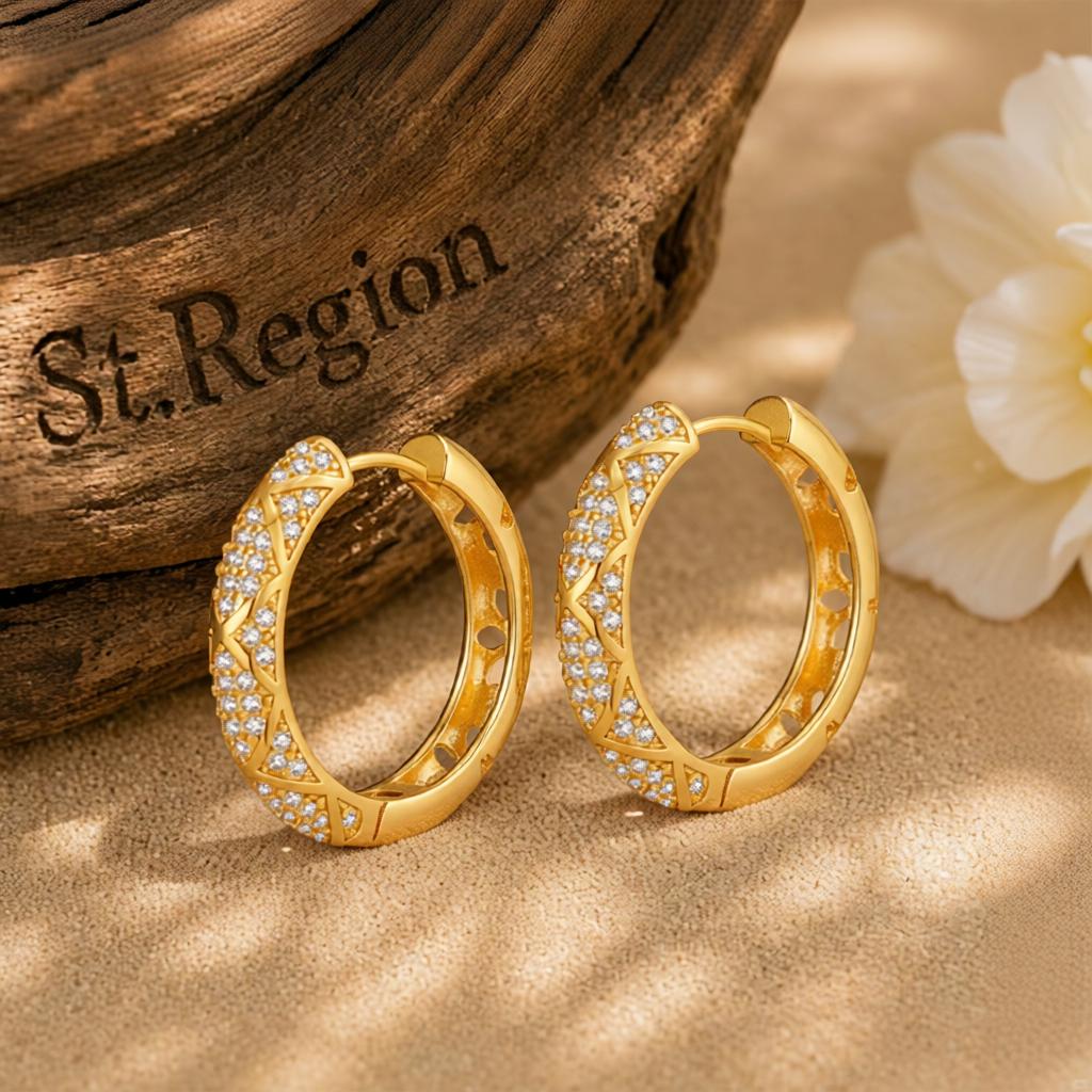 Cubic Zirconia and 18K Gold-Plated Huggie Earring, gold hoop earrings for women, elegant gift for her, front view