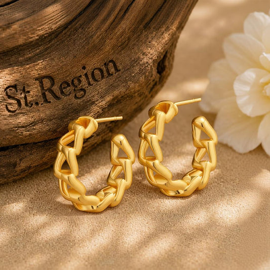 18K Gold-Plated Curb-Chain Huggie Earrings, gold huggie earrings, botanical inspired, front view