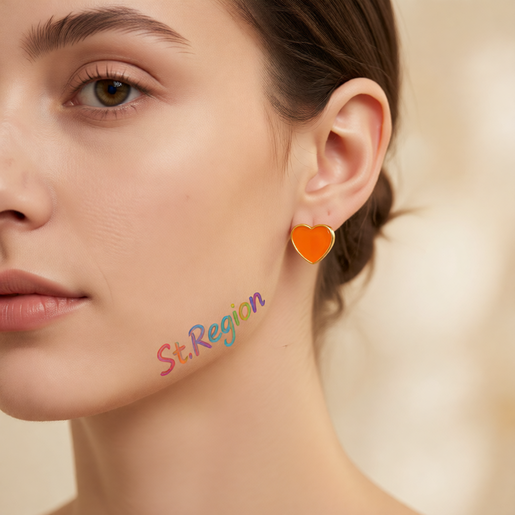 Orange Enamel & 18K Gold-Plated Heart Stud Earrings