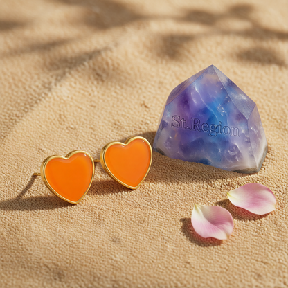 Orange Enamel & 18K Gold-Plated Heart Stud Earrings