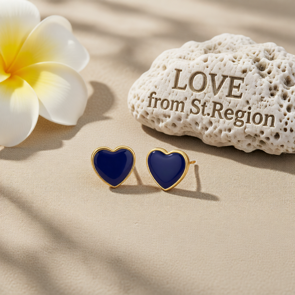 Navy Enamel & 18K Gold-Plated Heart Stud Earrings