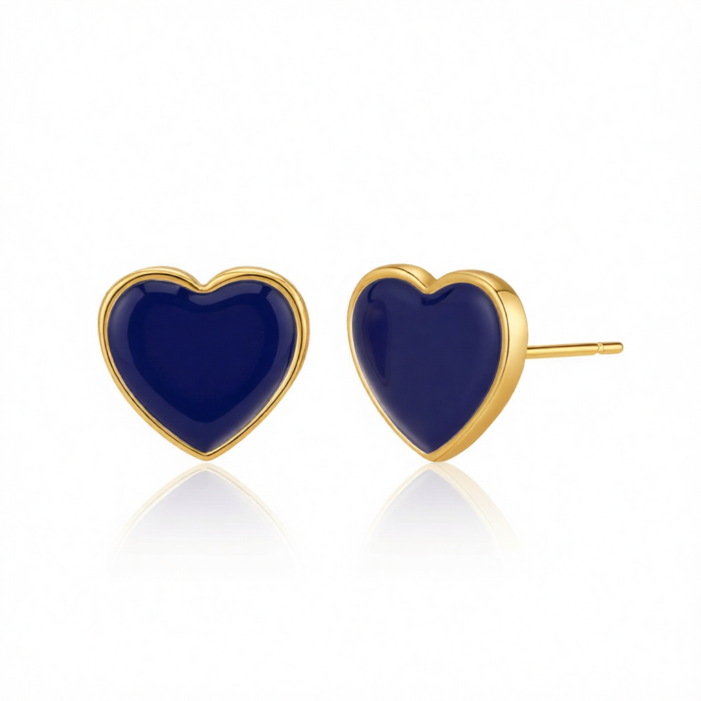 Navy Enamel & 18K Gold-Plated Heart Stud Earrings