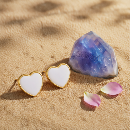 White Enamel & 18K Gold-Plated Heart Stud Earrings