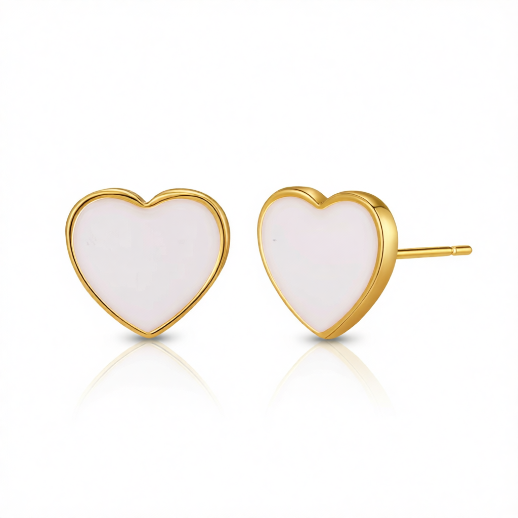 White Enamel & 18K Gold-Plated Heart Stud Earrings