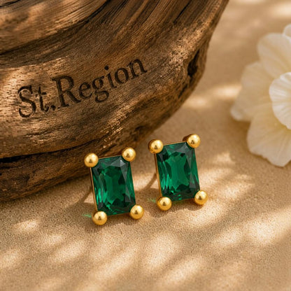 Green Crystal and 18K Gold-Plated Rectangle Stud Earrings, cubic zirconia stud earrings for women, front view