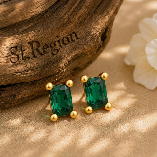 Green Crystal & 18K Gold-Plated Rectangle Stud Earrings