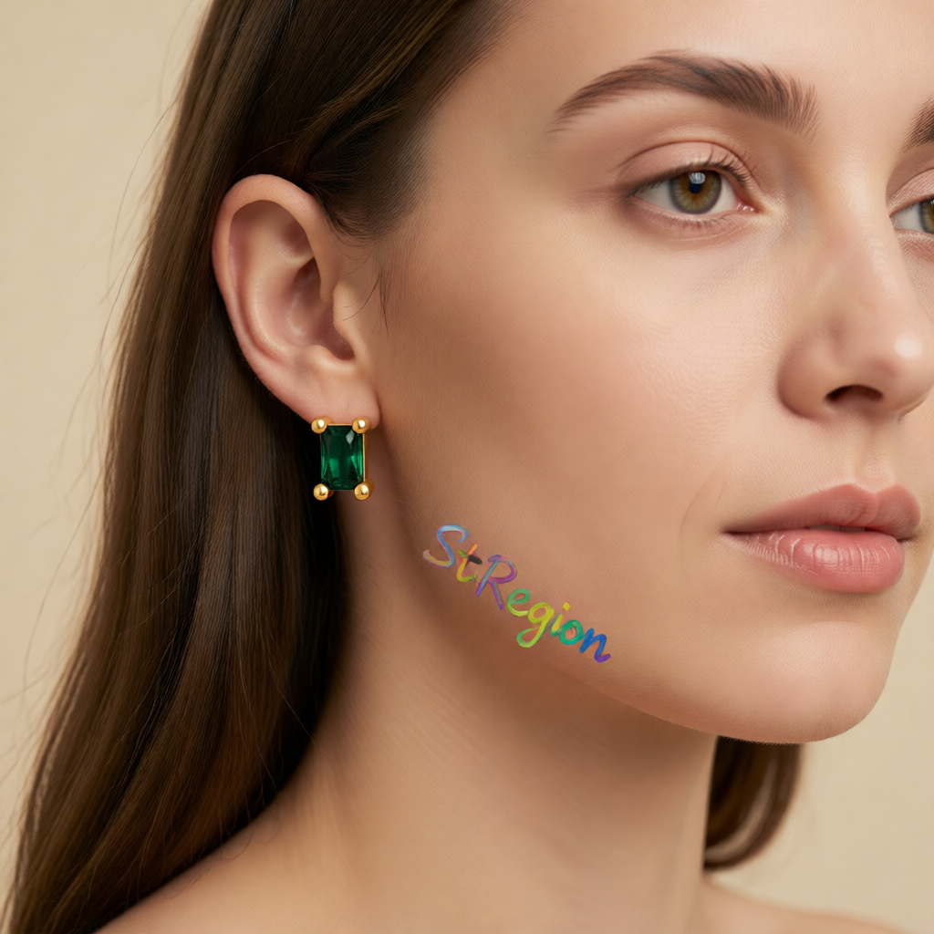 Green Crystal & 18K Gold-Plated Rectangle Stud Earrings
