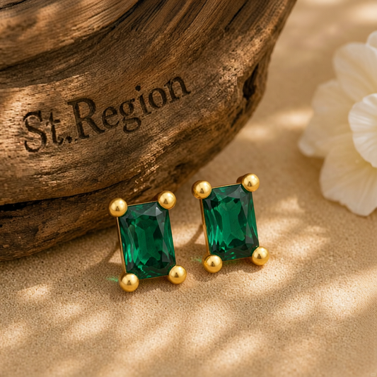 Green Crystal & 18K Gold-Plated Rectangle Stud Earrings