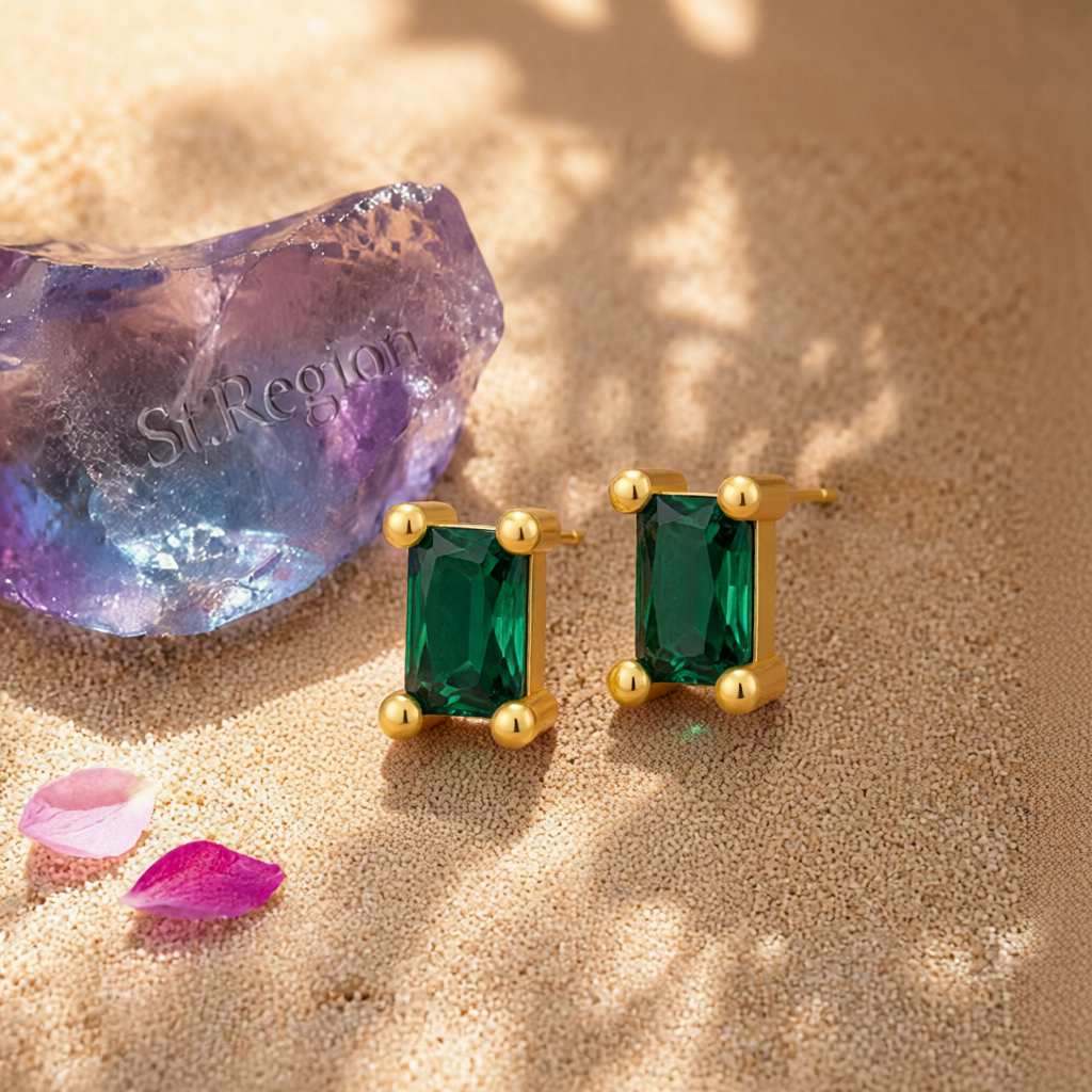 Green Crystal & 18K Gold-Plated Rectangle Stud Earrings