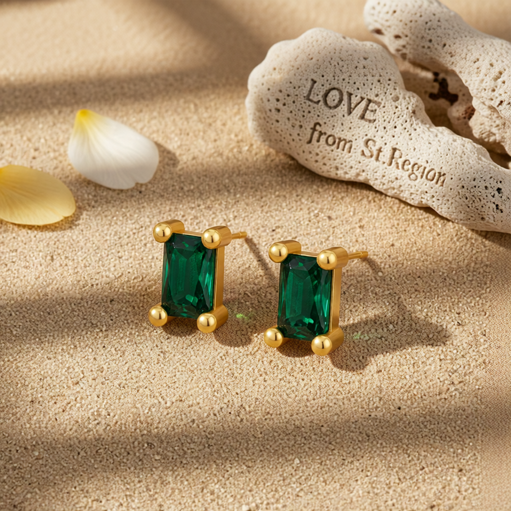 Green Crystal & 18K Gold-Plated Rectangle Stud Earrings