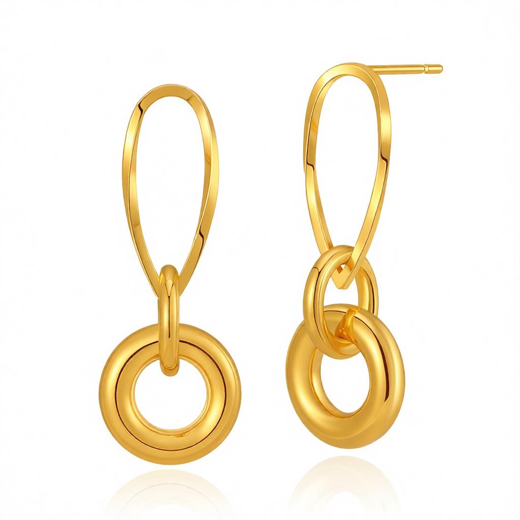 18K Gold-Plated Pear-Shaped and Round Dangle Earrings, gold drop earrings for women, dainty minimalist design, side view