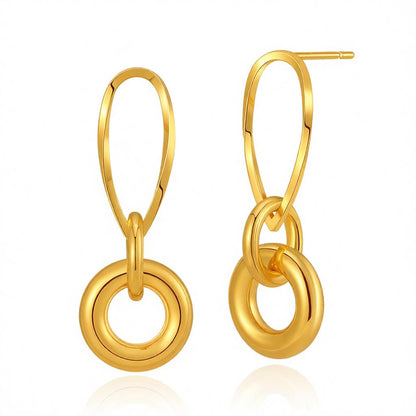18K Gold-Plated Pear-Shaped and Round Dangle Earrings, gold drop earrings for women, dainty minimalist design, side view