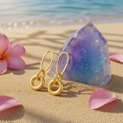 18K Gold-Plated Pear-Shaped and Round Dangle Earrings, gold drop earrings for women, detail close-up
