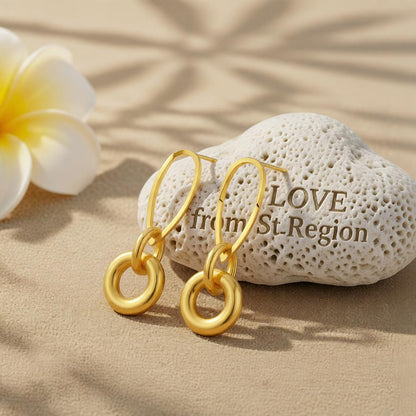 18K Gold-Plated Pear-Shaped and Round Dangle Earrings, gold drop earrings for women, dainty minimalist design, lifestyle look
