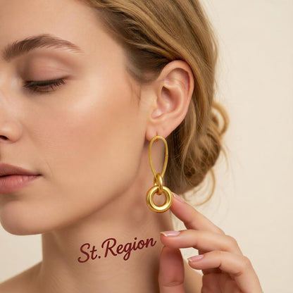 18K Gold-Plated Pear-Shaped and Round Dangle Earrings, gold drop earrings for women, dainty minimalist design, styled look