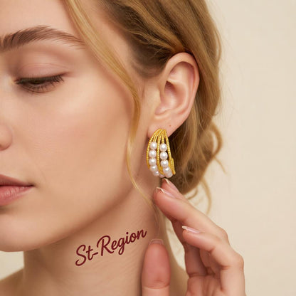 Pearl and 18K Gold-Plated Layered Huggie Earrings, gold huggie earrings, vintage-inspired design, styled look
