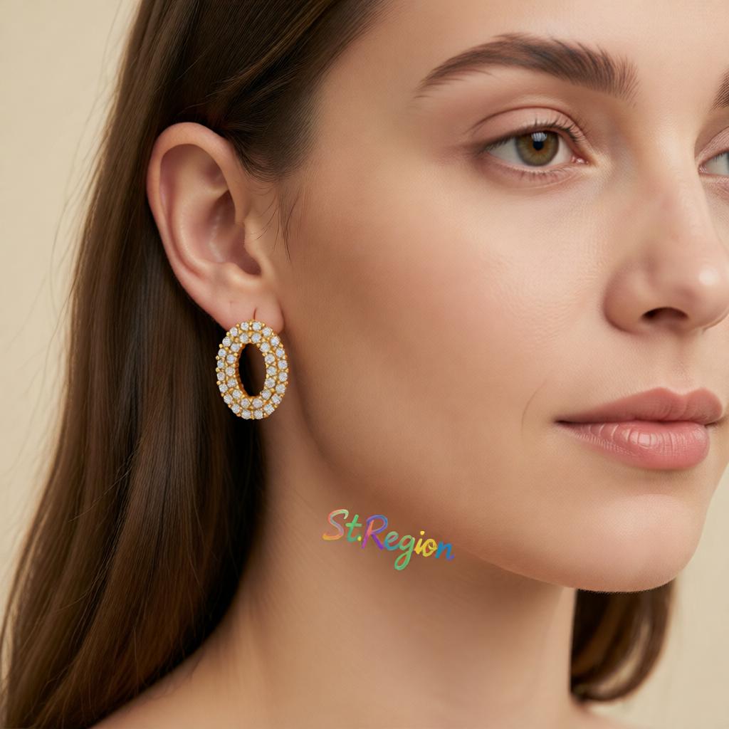 Cubic Zirconia and 18K Gold-Plated Open Oval Stud Earrings, cubic zirconia stud earrings for women, styled look