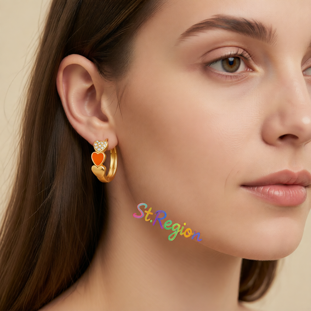 Orange Enamel & Cubic Zirconia 18K Gold-Plated Heart Huggie Earrings