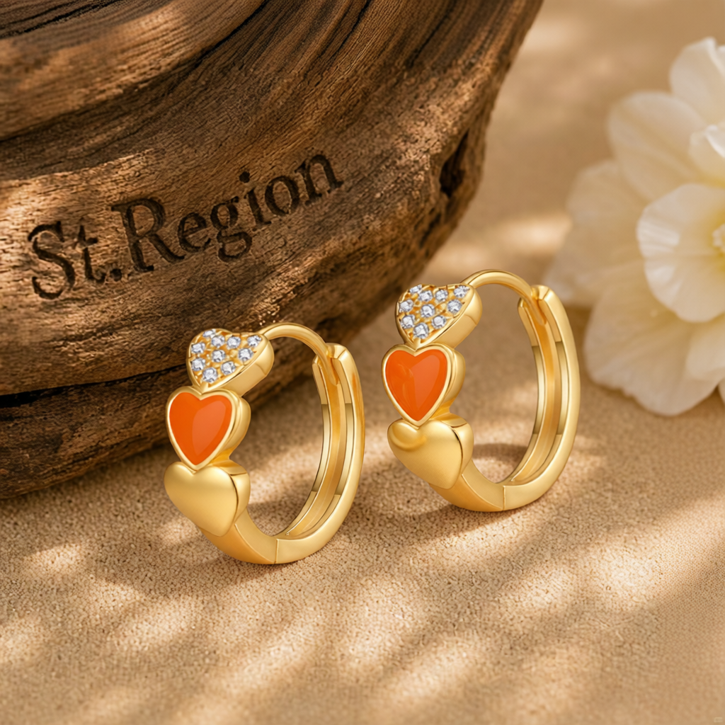Orange Enamel & Cubic Zirconia 18K Gold-Plated Heart Huggie Earrings