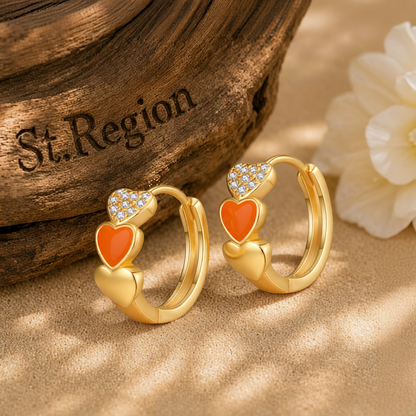 Orange Enamel & Cubic Zirconia 18K Gold-Plated Heart Huggie Earrings