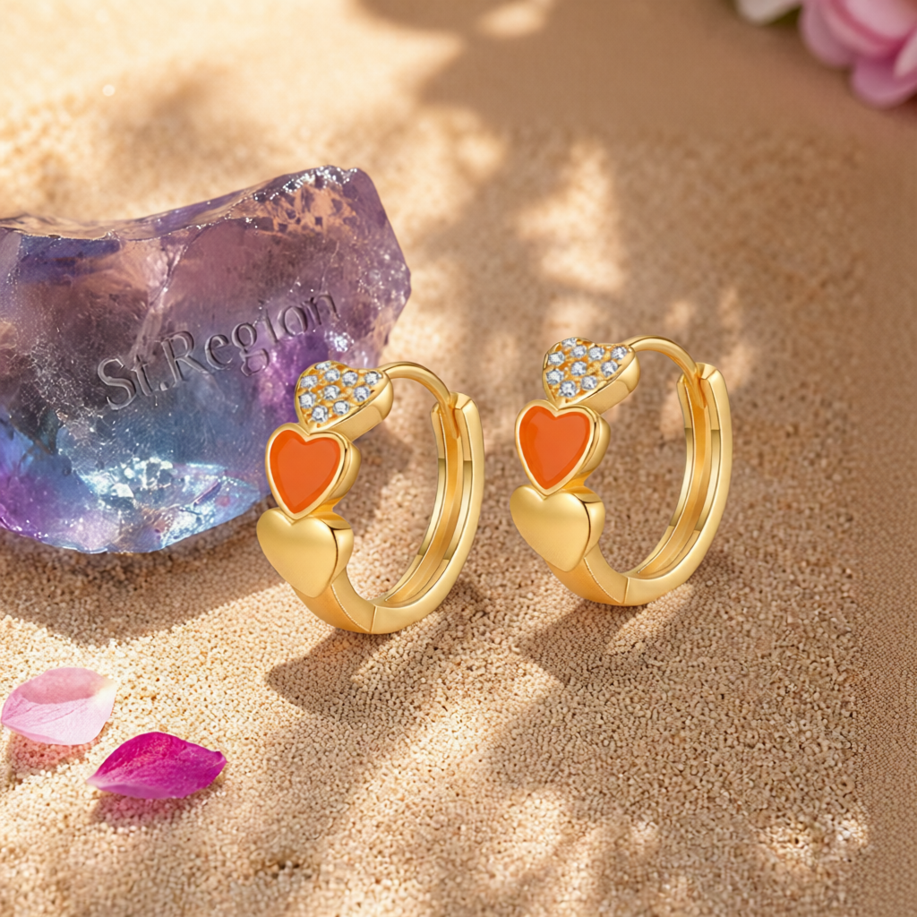 Orange Enamel & Cubic Zirconia 18K Gold-Plated Heart Huggie Earrings