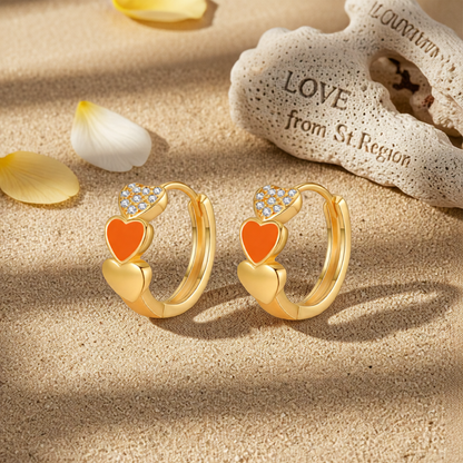Orange Enamel & Cubic Zirconia 18K Gold-Plated Heart Huggie Earrings