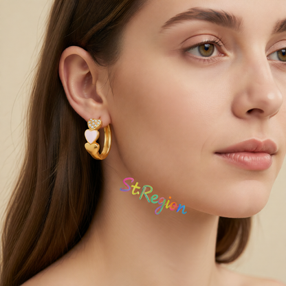 White Enamel & Cubic Zirconia Heart Stack Huggie Earrings