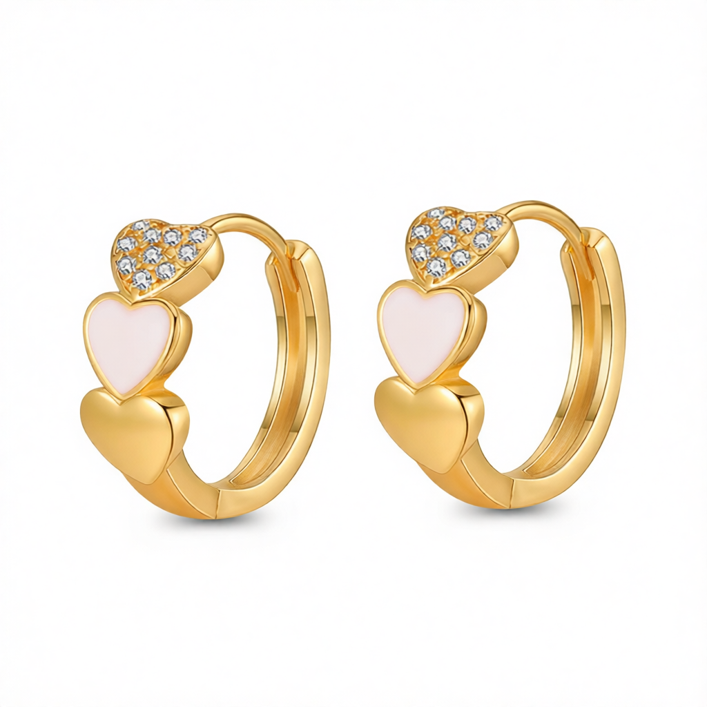 White Enamel & Cubic Zirconia Heart Stack Huggie Earrings