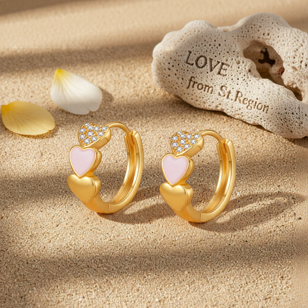 White Enamel & Cubic Zirconia Heart Stack Huggie Earrings