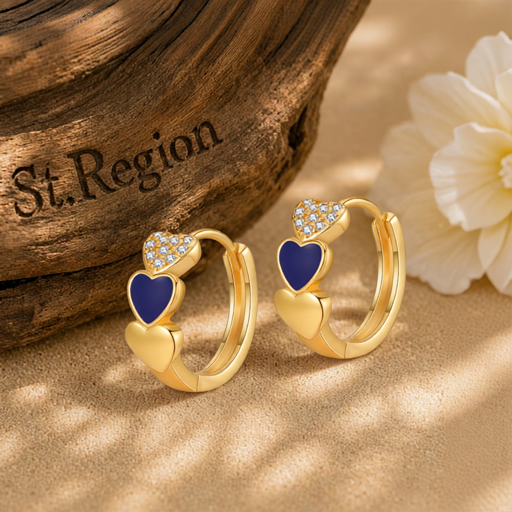 Navy Enamel & Cubic Zirconia 18K Gold-Plated Heart Huggie Earring