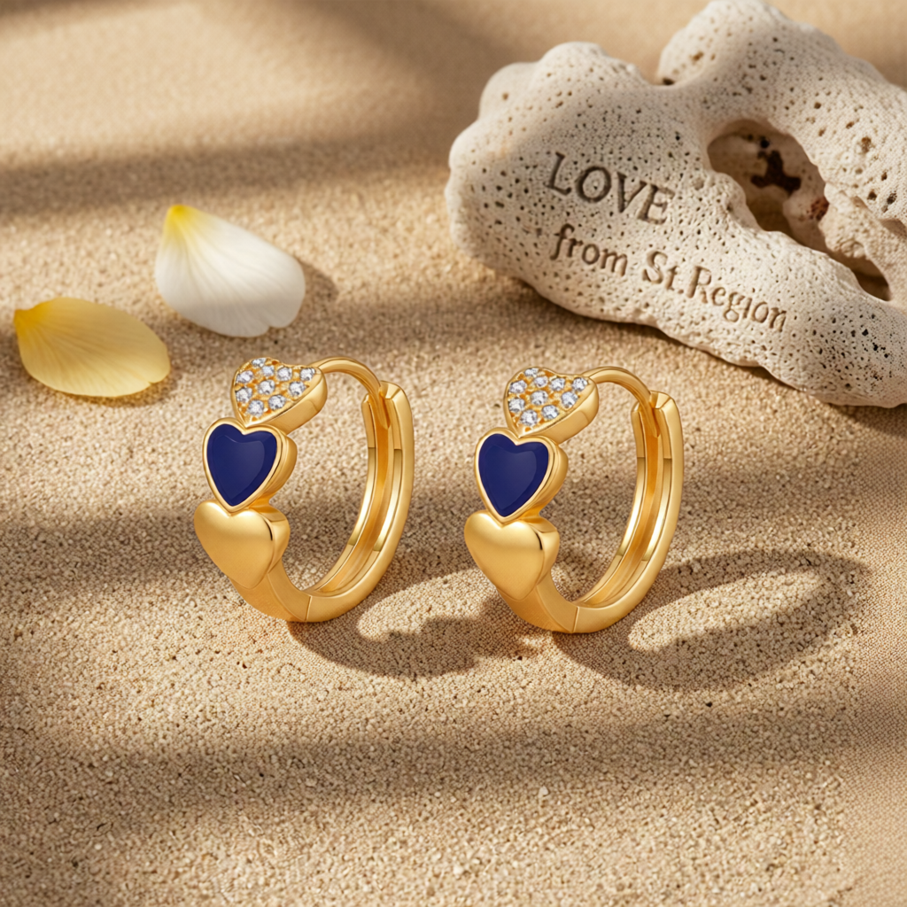 Navy Enamel & Cubic Zirconia 18K Gold-Plated Heart Huggie Earring