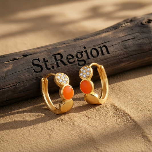 Cubic Zirconia & Orange Enamel 18K Gold-Plated Round Huggie Earrings