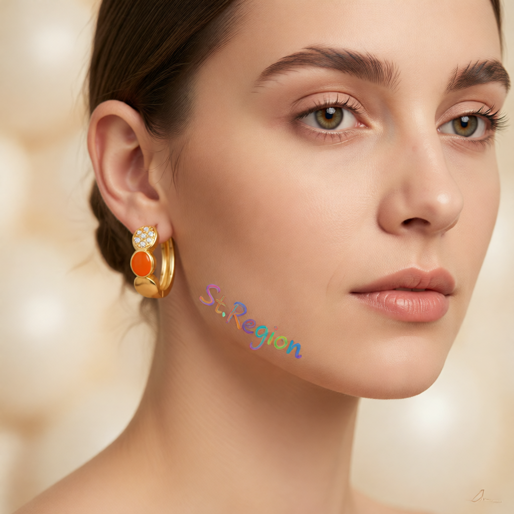 Cubic Zirconia & Orange Enamel 18K Gold-Plated Round Huggie Earrings