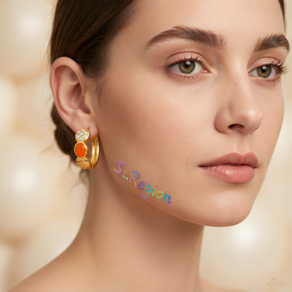 Cubic Zirconia & Orange Enamel 18K Gold-Plated Round Huggie Earrings