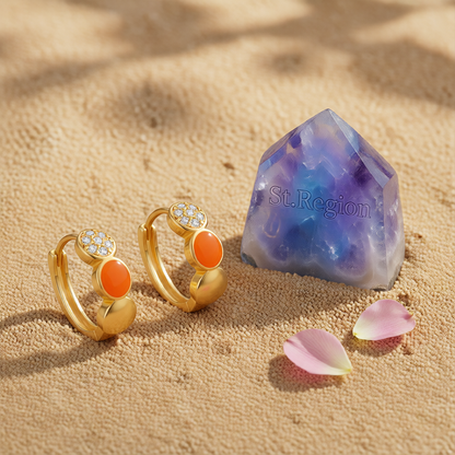 Cubic Zirconia & Orange Enamel 18K Gold-Plated Round Huggie Earrings