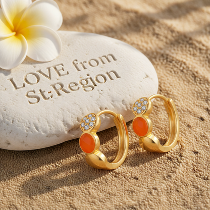 Cubic Zirconia & Orange Enamel 18K Gold-Plated Round Huggie Earrings