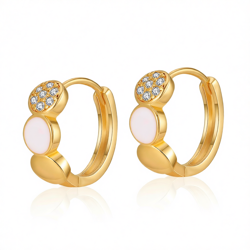 Cubic Zirconia & White Enamel 18K Gold-Plated Round Huggie Earrings