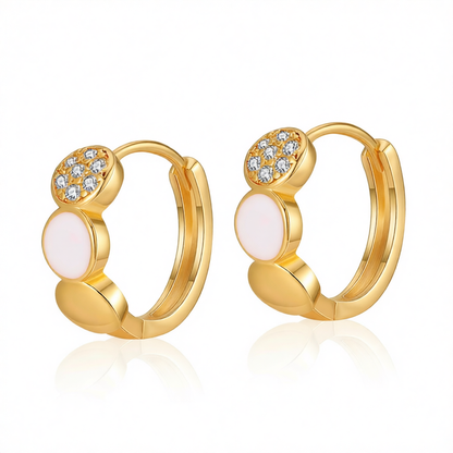 Cubic Zirconia & White Enamel 18K Gold-Plated Round Huggie Earrings