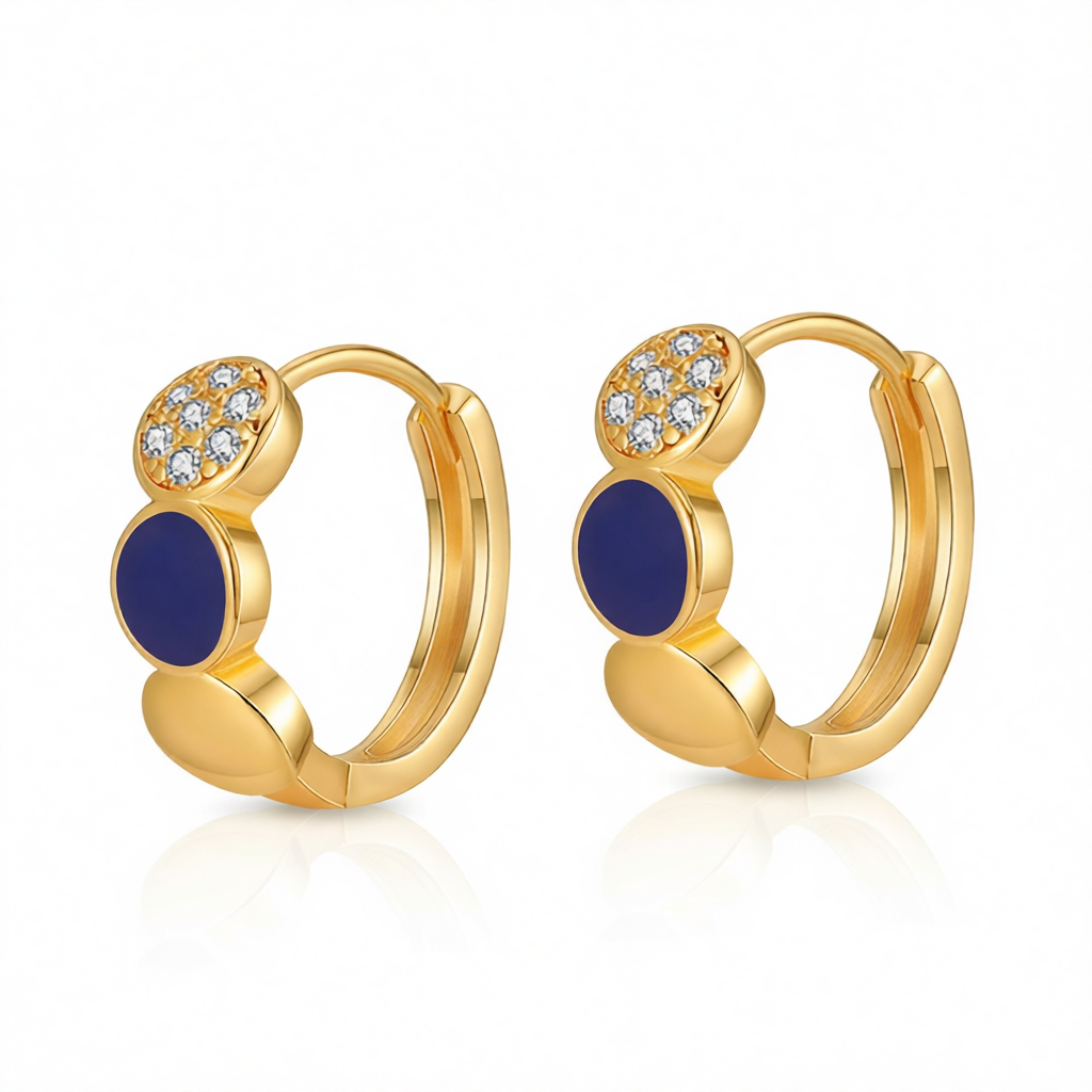 Cubic Zirconia & Navy Enamel 18K Gold-Plated Round Huggie Earrings
