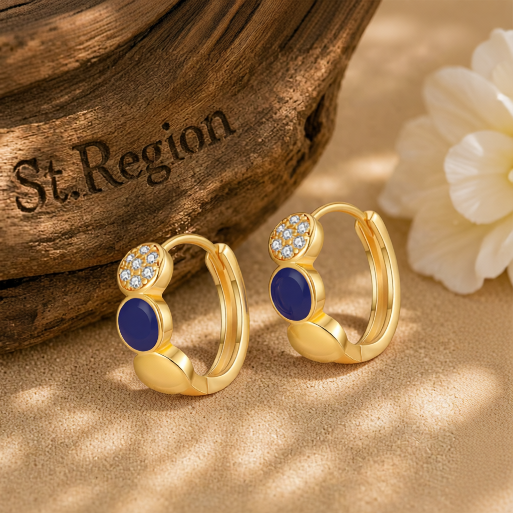 Cubic Zirconia & Navy Enamel 18K Gold-Plated Round Huggie Earrings