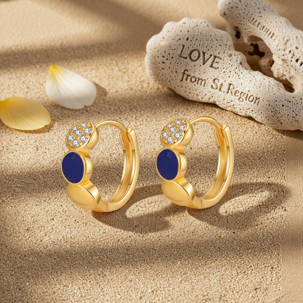 Cubic Zirconia & Navy Enamel 18K Gold-Plated Round Huggie Earrings