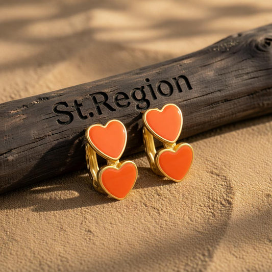 Orange Enamel & 18K Gold-Plated Heart Huggie Earrings