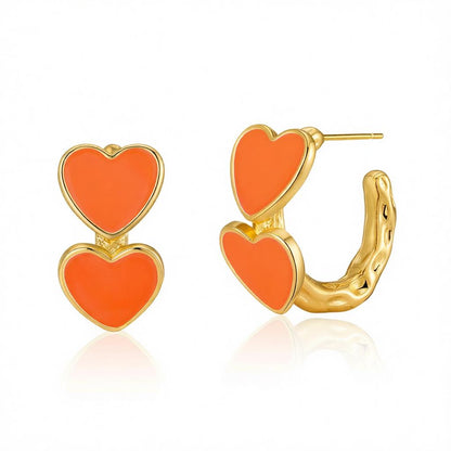 Orange Enamel & 18K Gold-Plated Heart Huggie Earrings