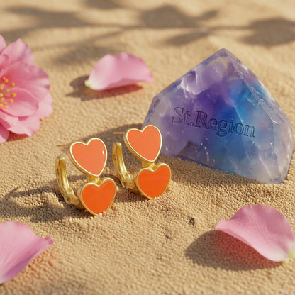 Orange Enamel & 18K Gold-Plated Heart Huggie Earrings