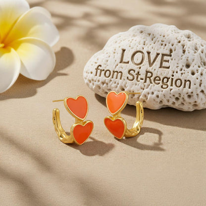 Orange Enamel & 18K Gold-Plated Heart Huggie Earrings