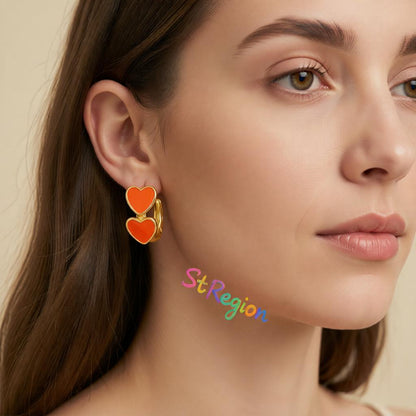 Orange Enamel & 18K Gold-Plated Heart Huggie Earrings