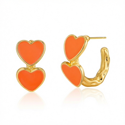 Orange Enamel & 18K Gold-Plated Heart Huggie Earrings