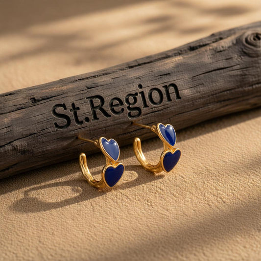 Navy Enamel & 18K Gold-Plated Heart Huggie Earrings